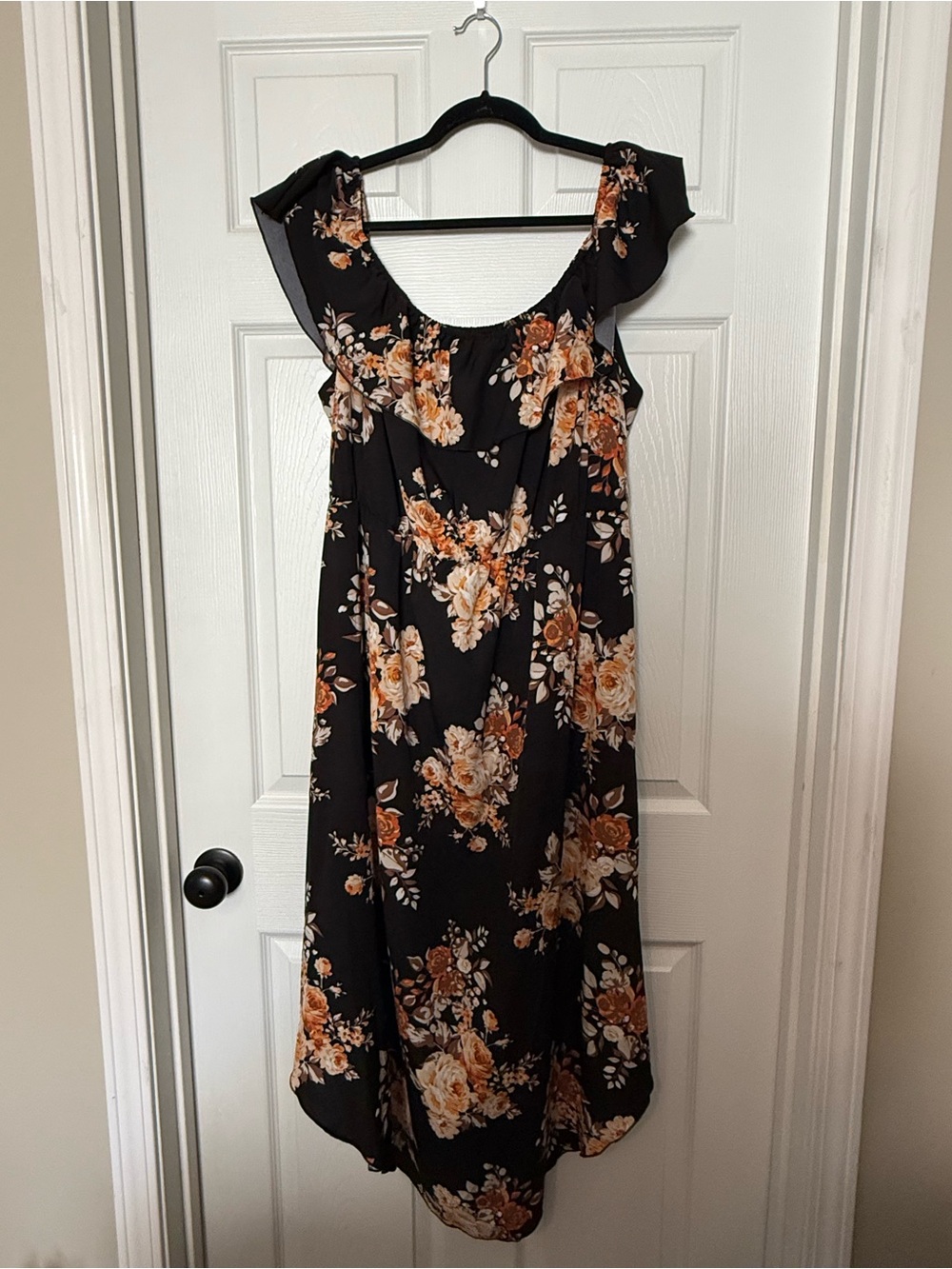SHEIN Black Floral Midi Dress with Rust and Cream Blooms
